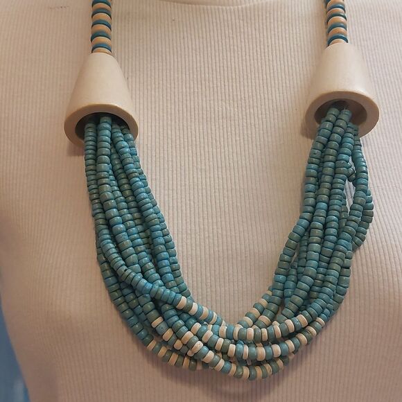 Vintage Exotic Boho Tribal Blue White Wiod Beads Statement Necklace - Picture 4 of 7